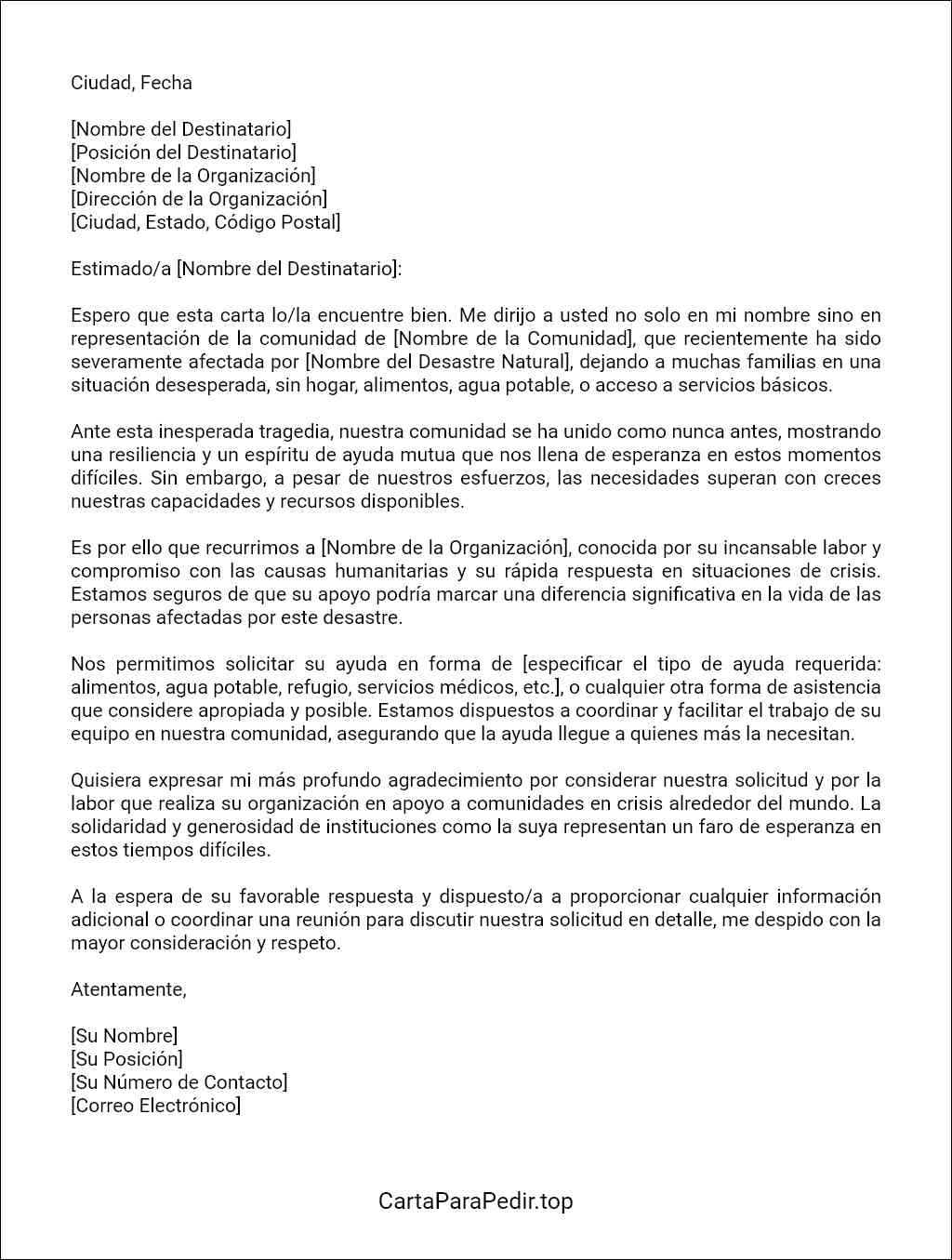 la mejor carta de solicitud de ayuda para víctimas de desastres naturales