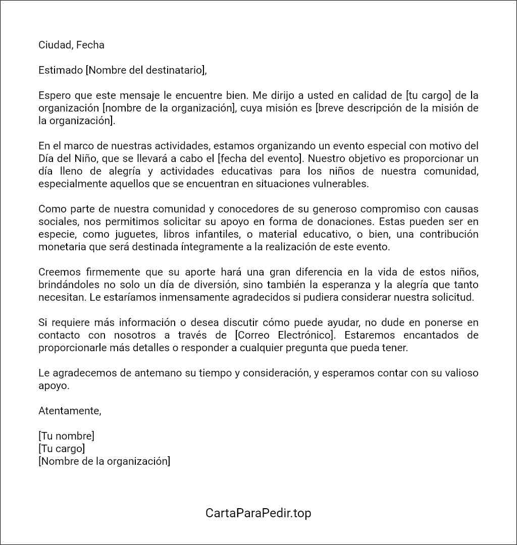 formato recomendado para una carta de solicitud de donacion para el dia del niño 