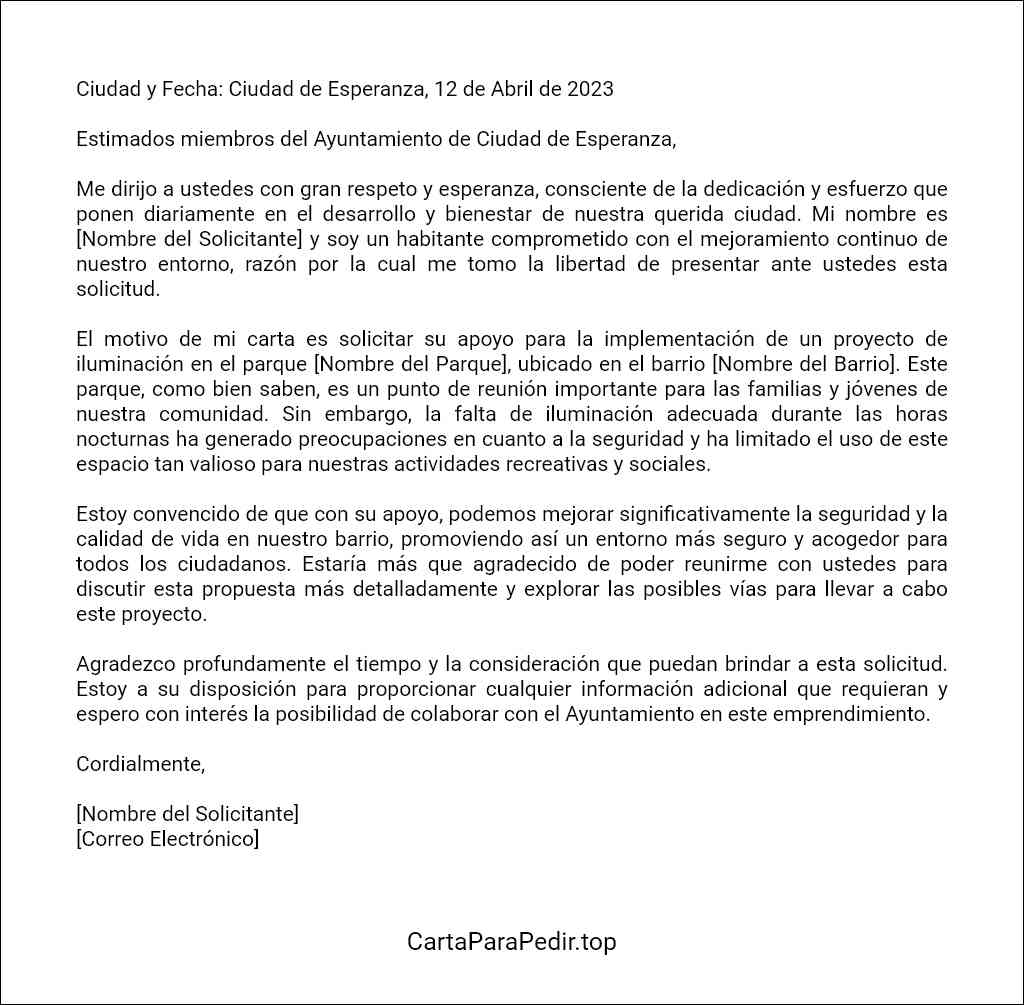 carta de solicitud para pedir algo a la municipalidad plantilla