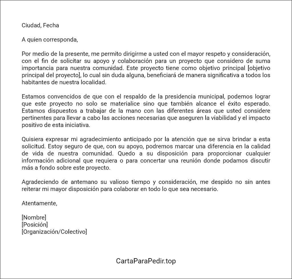 carta para pedir apoyo al presidente municipal modelo