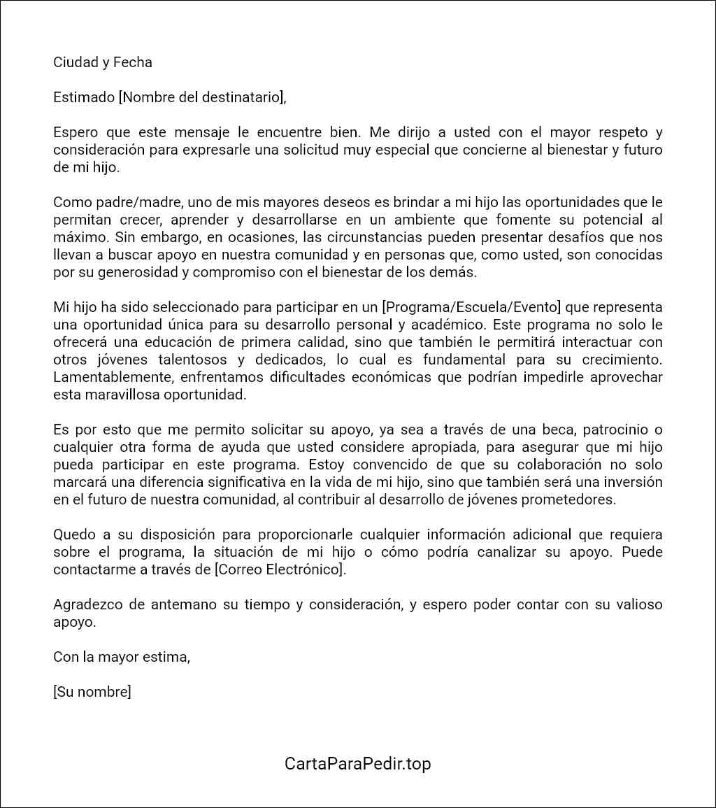 plantilla de carta para pedir apoyo para mi hijo 