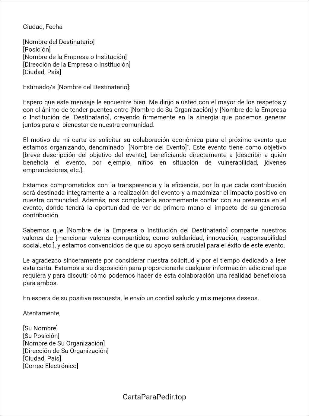 formato de carta para pedir colaboracion economica para un evento