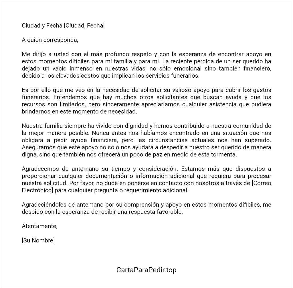 formato recomendado para una carta para solicitar ayuda para gastos funerarios 