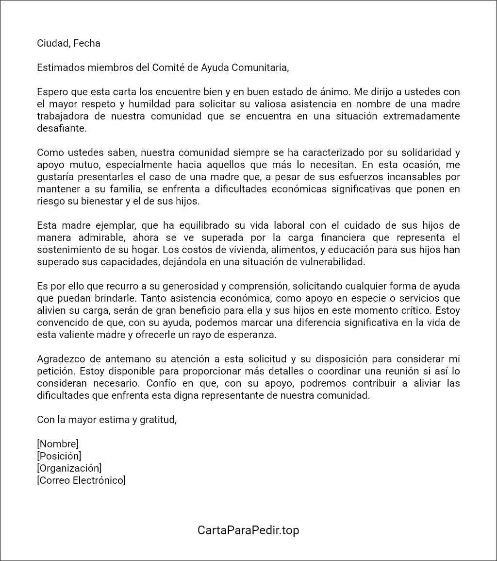 modelo de carta para solicitar ayuda para una madre trabajadora