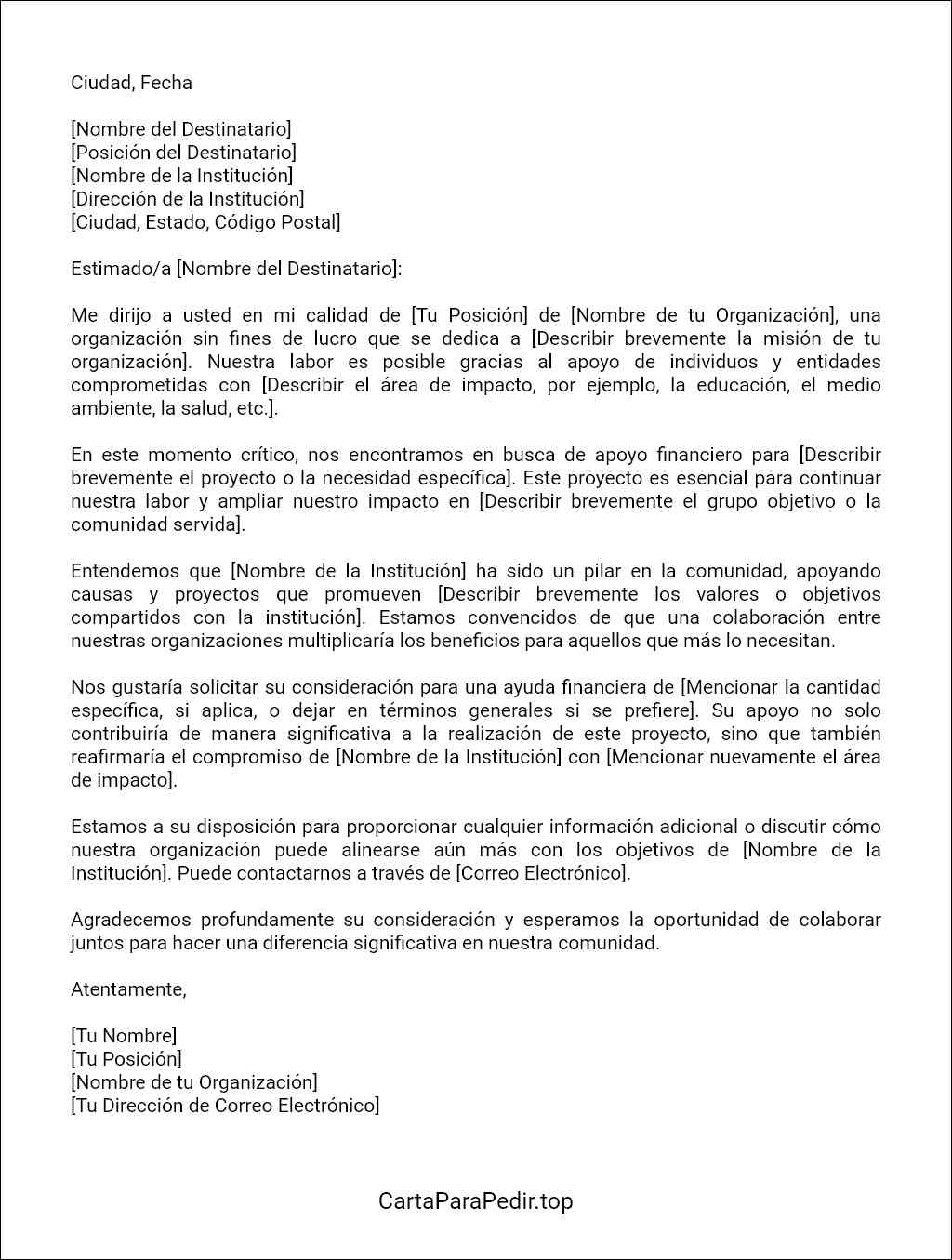 plantilla de carta de solicitud de ayuda financiera para organizaciones sin fines de lucro 